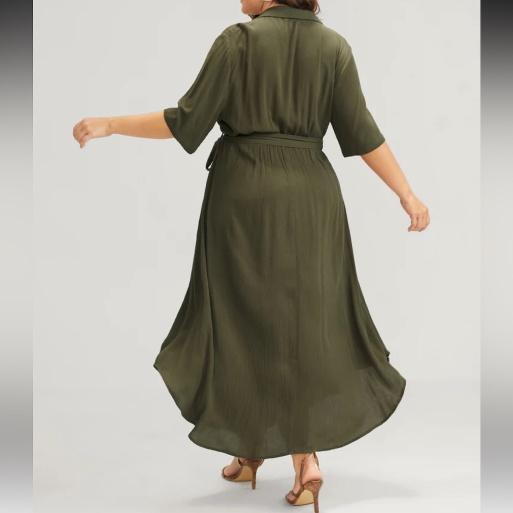 Solid Button Pocket Shirt Collar Belted Maxi Dress - Picture 2 of 4
